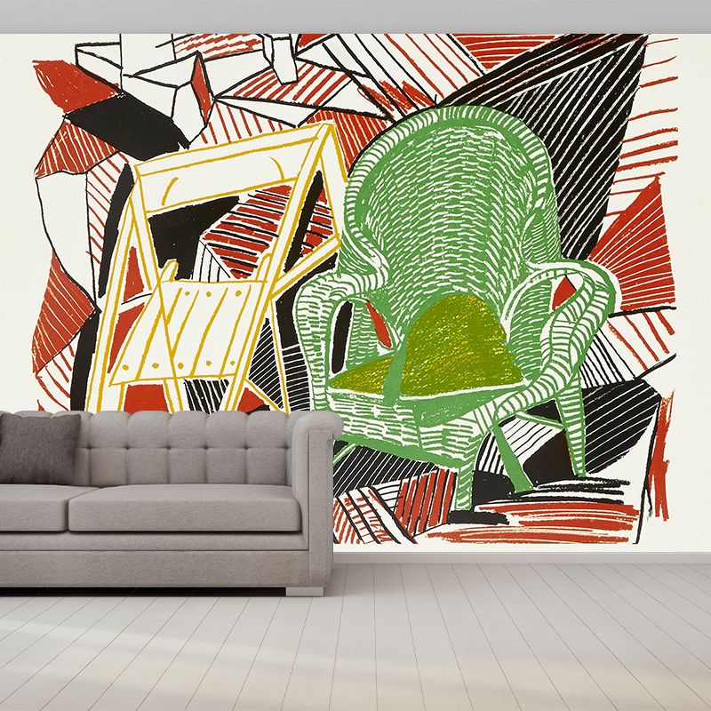 Artistic Abstract Chair Wall Murals Red-Green Stain Resistant Wall Covering for Living Room