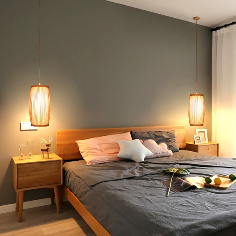 Handcrafted Pendant Light Contemporary Bamboo Single-Bulb Wood Suspension Light Fixture