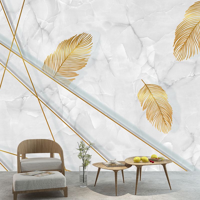 Feather and Marble Wallpaper Mural Grey-Yellow Modern Style Wall Decor for Living Room