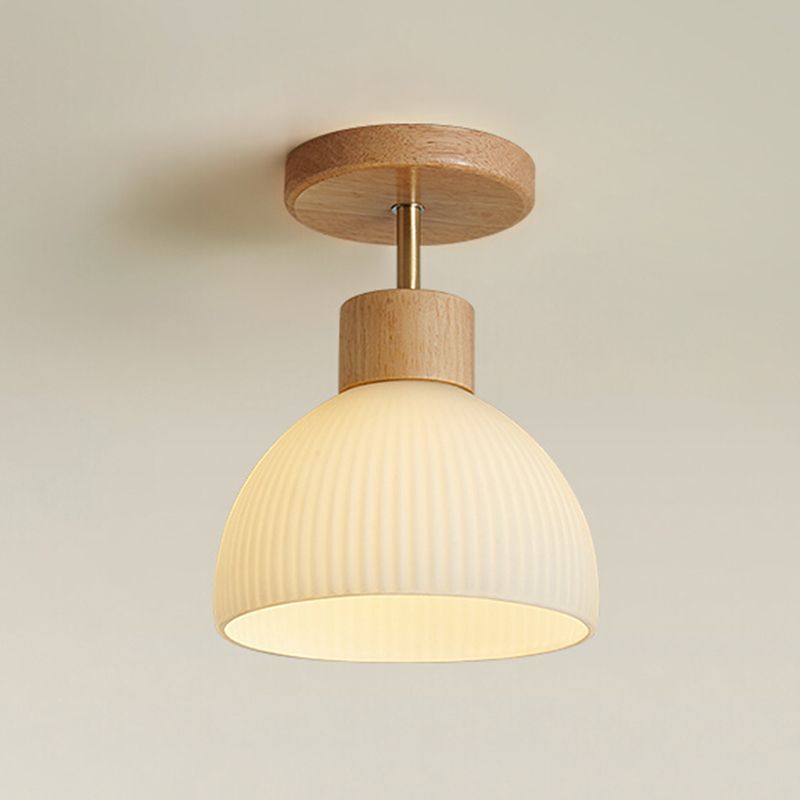 Dome Shape Ceiling Lamp Modern Wood 1 Light Flush Mount with Glass Lampshade for Aisle