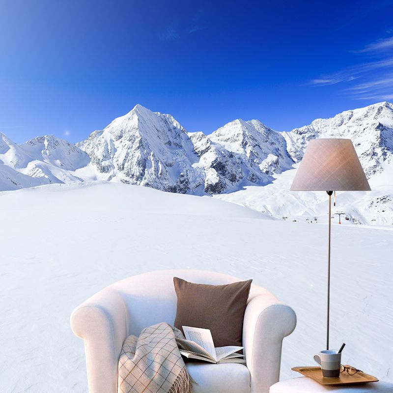 Blue-White Modern Style Mural Large Sun over Snowy Mountain Wall Art for Living Room