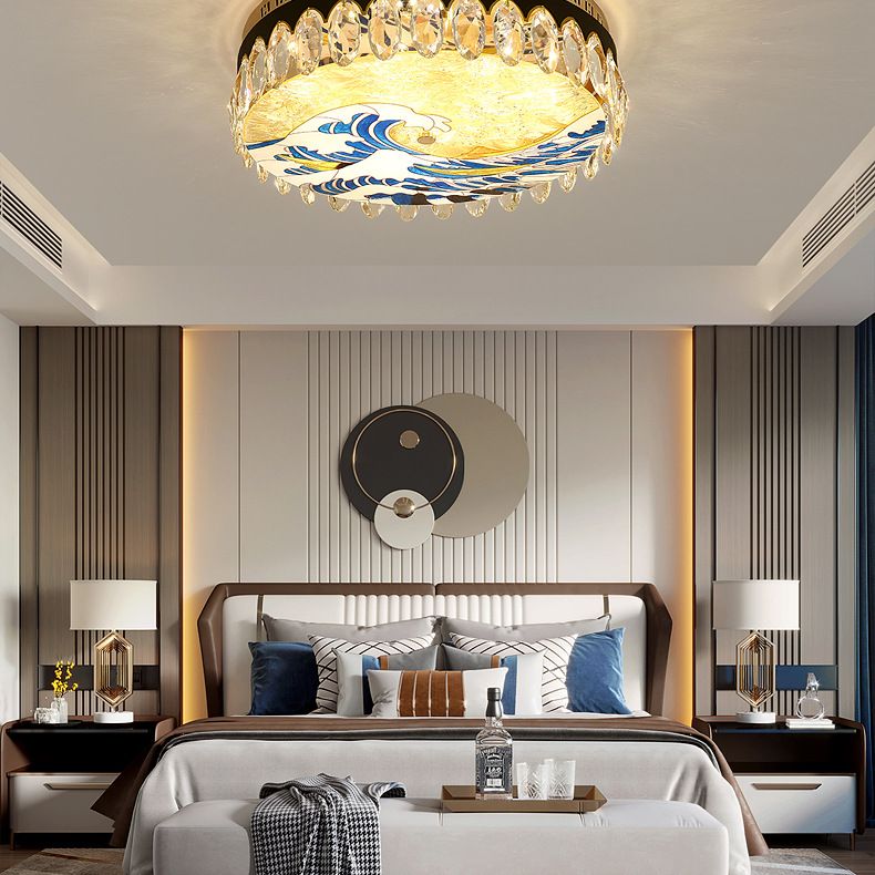 Creative Modern Drum Flush Mount Lamp Crystal Block Bedroom LED Ceiling Light in Brass