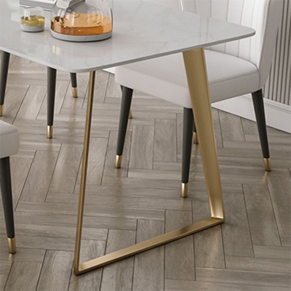 Traditional Luxury Rectangle Dining Table White Sintered Stone Table with Gold Double Pedestal
