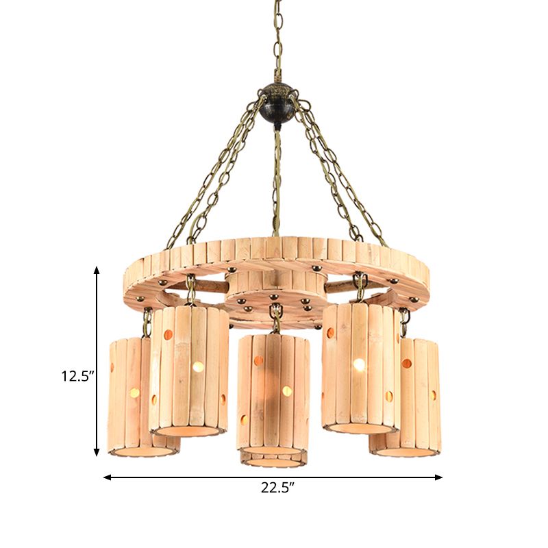 Beige Etched Cylinder Hanging Chandelier Farmhouse Bamboo 6 Lights Restaurant Suspension Light with Wheel Design