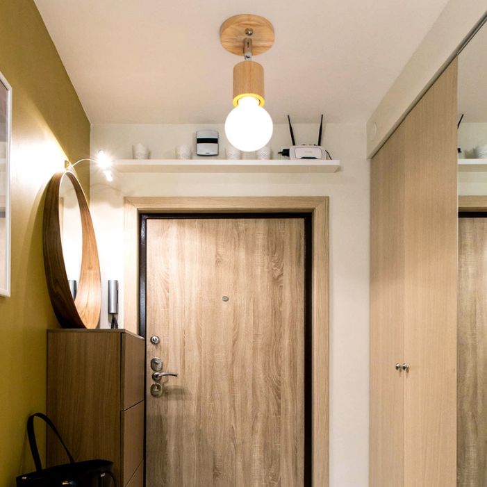 Modern Minimalist Rotatable Ceiling Light Wooden Bare Bulb Semi Flush Mount for Corridor