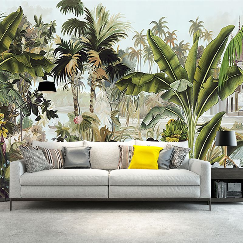 Tropical Plant Manor Wall Mural Green Stain Resistant Wall Covering for Living Room