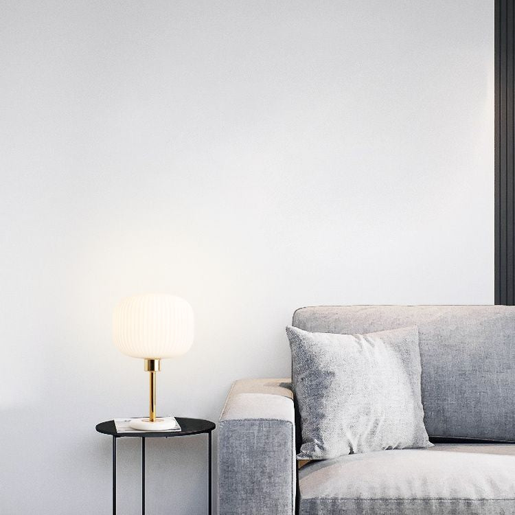 White Ribbed Glass Drum Shade Night Lamp Minimalist 1 Bulb Gold Table Light with Marble Base