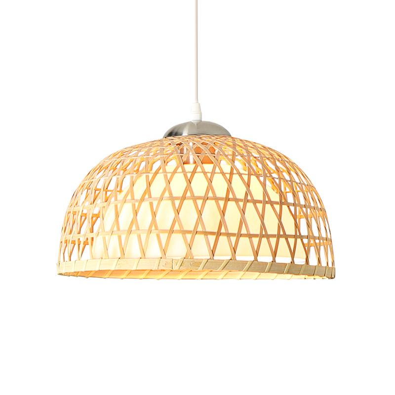 Modern Dome Pendant Lighting Bamboo 1 Bulb Hanging Light Fixture in Wood for Dining Room