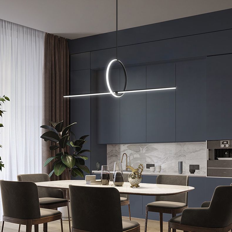 Stick and Ring Dining Room Island Light Fixture Metal Modernist LED Pendant Lamp in Black