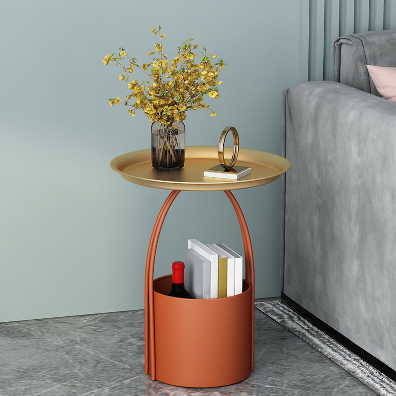 Mid-Century Round Tray Top Side Table Iron Pedestal End Table with Storage