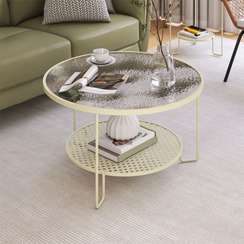 Contemporary Cocktail Table with Glass Top and Iron Base and Shelf