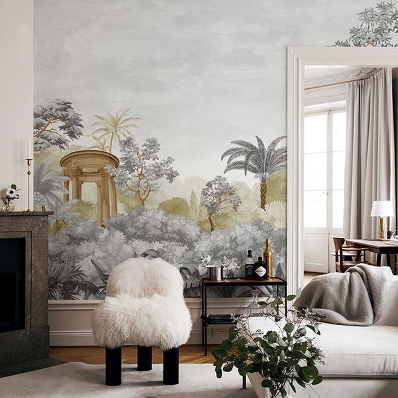 Jungle Wall Art in Soft Grey, Contemporary Wall Mural for Accent Wall