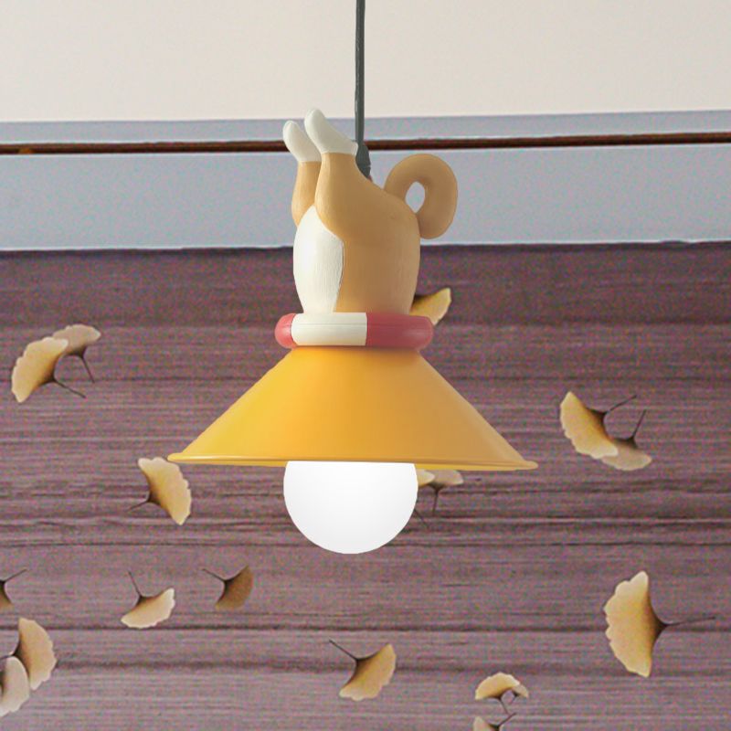Yellow Animals Hanging Lamp Kit Cartoon Single Bulb Resin Pendant Lighting with Conic Shade
