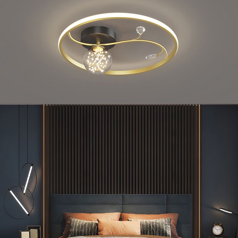 Luz de techo estrellado de metal LED de montaje en forma de anillo negro en forma de anillo con decoración de cristal