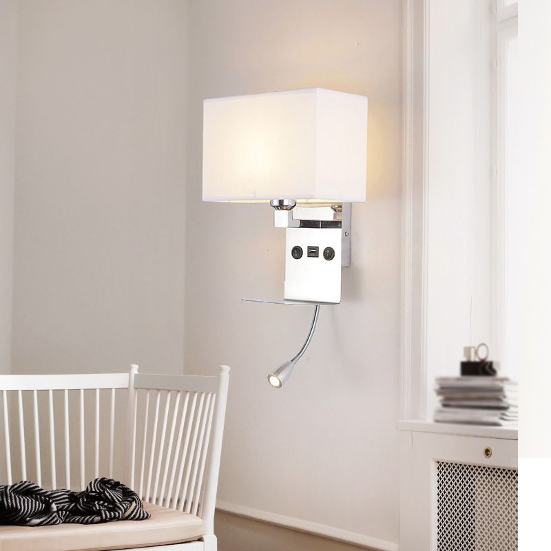 Modern Adjustable Metal Wall Sconce Rectangle Shape Wall Light with Fabric Shade for Study
