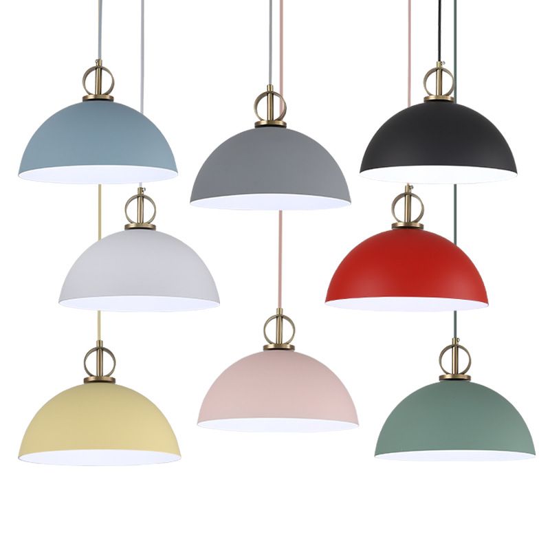 Macaron Dome Hanging Pendant Light Metal 1-Bulb Restaurant Pendulum Light with Brass Ring Deco