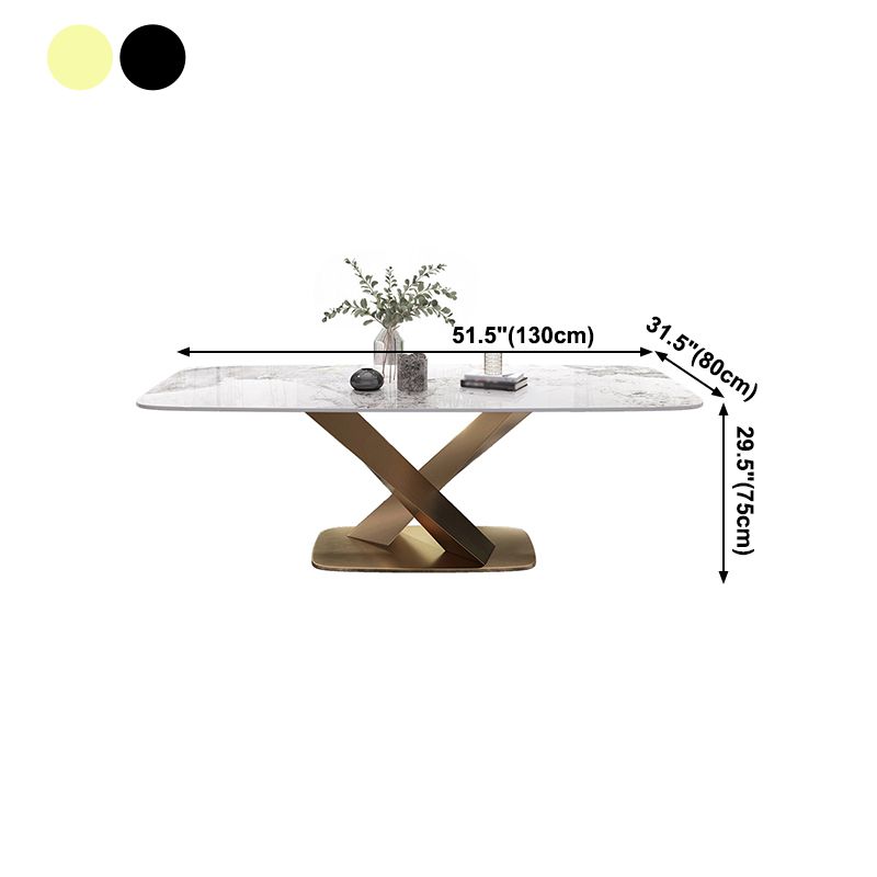 Mesa de comedor de piedra sinterizada de lujo Mesa blanca rectangular con pedestal de metal