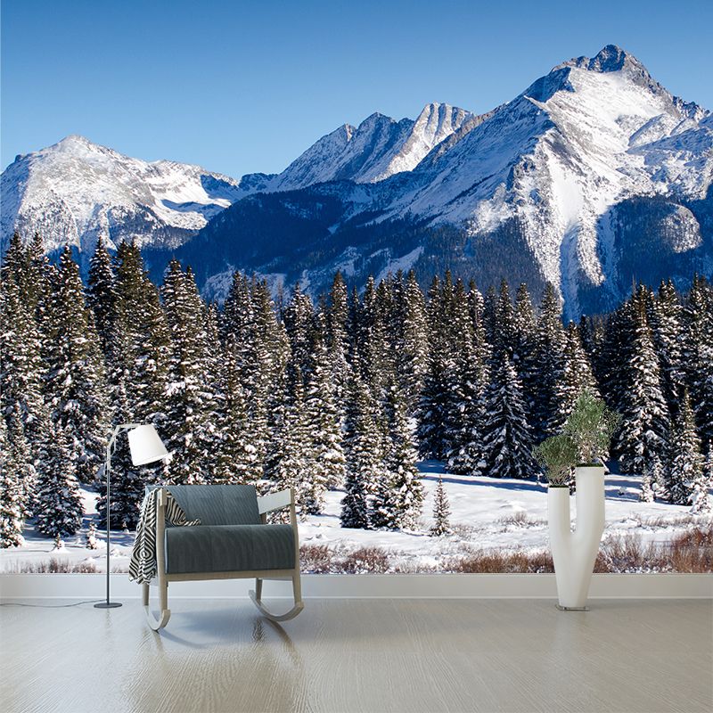 Winter Mountain Pine Trees Mural Modern Style Non-Woven Wall Decor in Blue-White