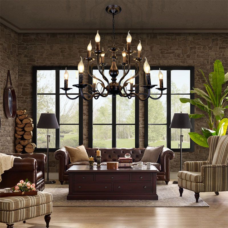 2-Layers Living Room Large Chandelier Traditional Style Candlestick Styling Wrought Iron Lighting Fixture in Black