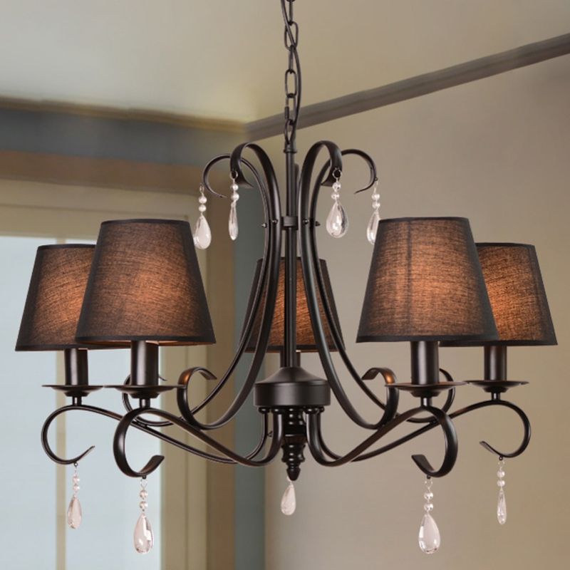 Black Conical Suspension Pendant Rustic Fabric 5 Lights Living Room Chandelier with Swirl Arm and Crystal Drop