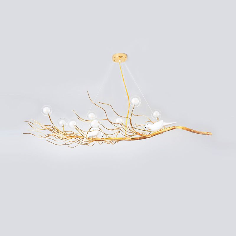 Gold Branch Pendant Light Modern 10-Light Glass Glass Island Lampe avec oiseaux pour salle à manger