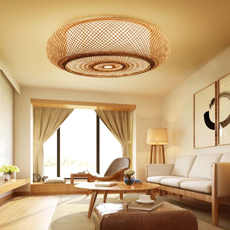 Lámpara de techo de montaje empotrado de tambor curvo de estilo moderno, iluminación de montaje empotrado de bambú Beige para sala de estar