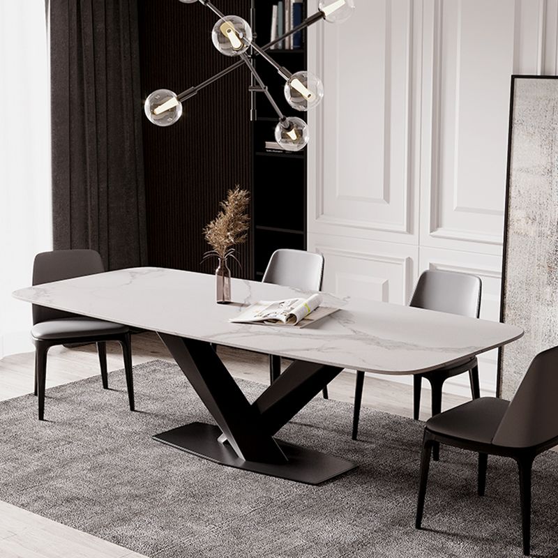 Modern Stone Top White Rectangular Dining Table with Black X-Base