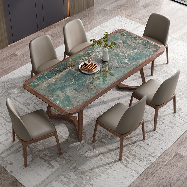Brown Finish Legs Dining Site Table Modern Stone Top Rectangle Counter Dining Table