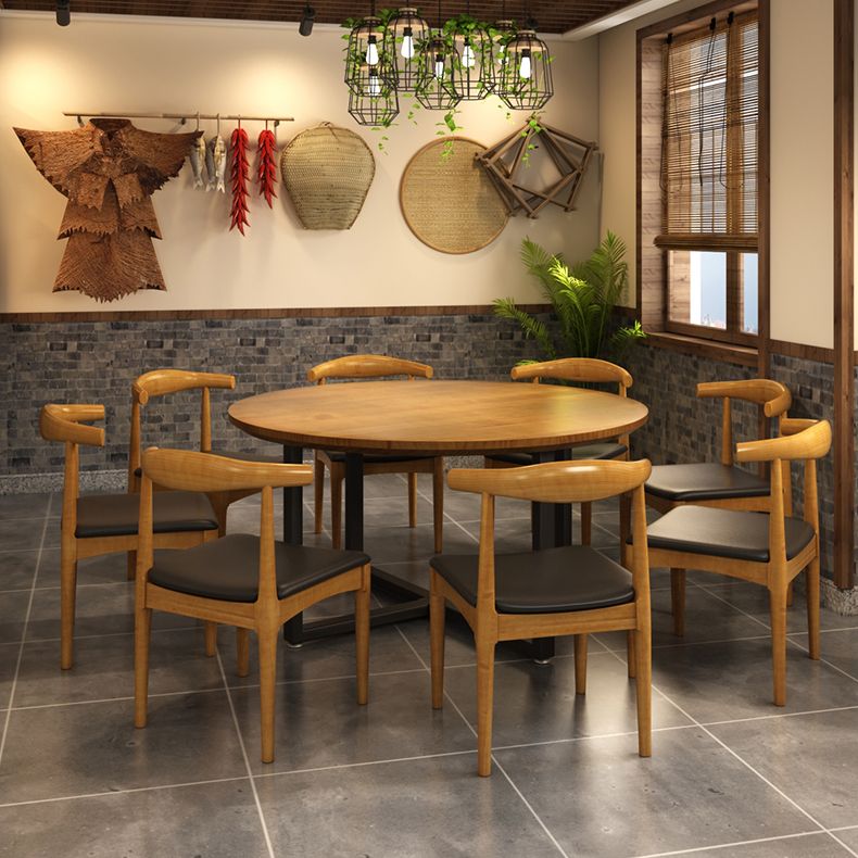 Contemporary Style Wood Dining Table Round Shape Table with Metallic Trestle Base