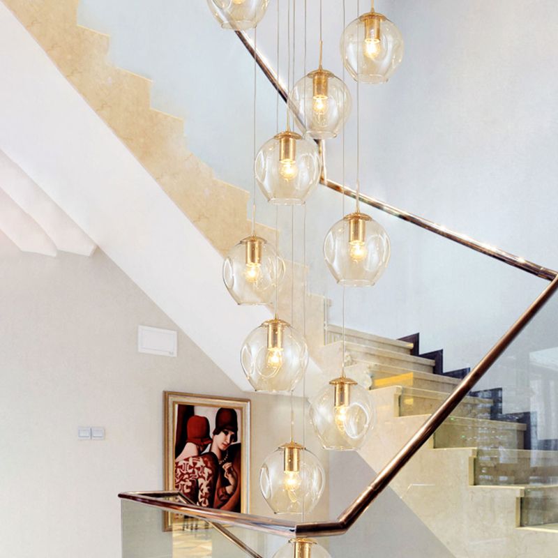 Dimpled Cup Shaped Cluster Pendant Minimalist Cognac Glass 10-Head Stairs Ceiling Light in Brass
