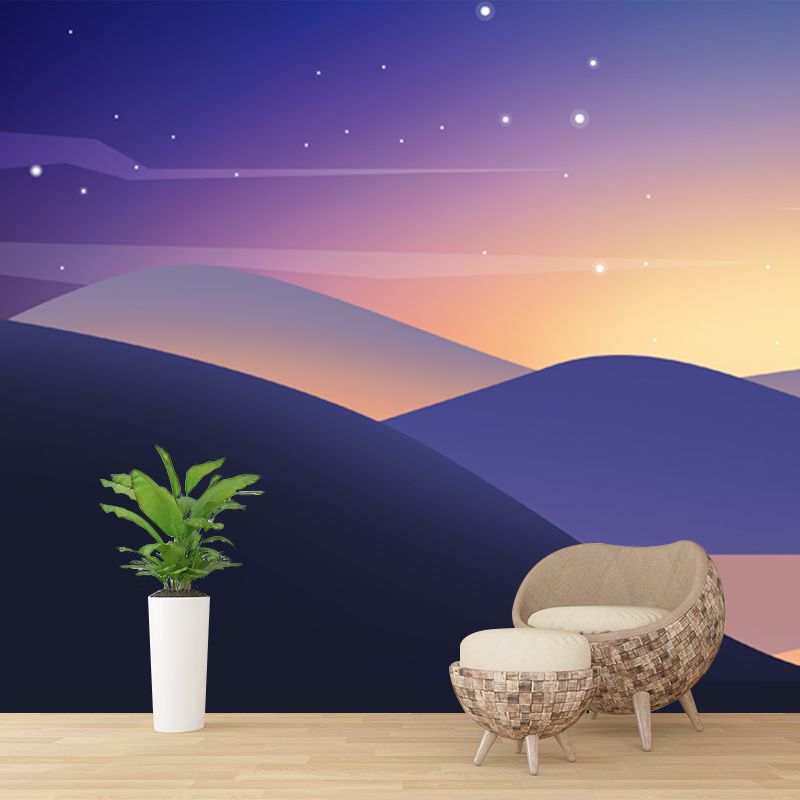 Modern Night River View Mural Purple-Yellow Twinkling Stars Wall Covering for Home