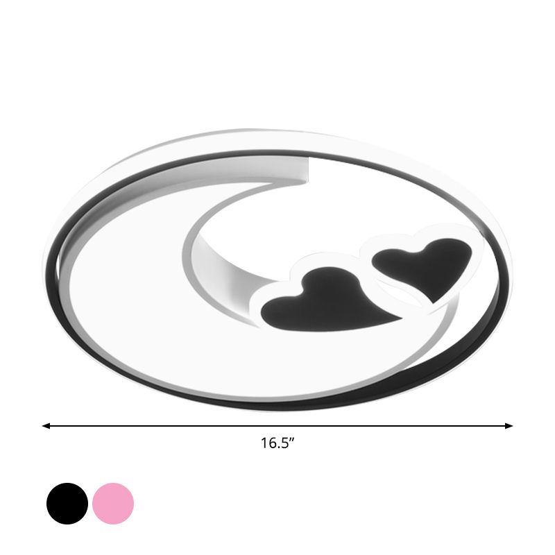 LED Playroom Ceiling Fixture Nordic Black/Pink Flush Lamp with Crescent and Heart Acrylic Shade