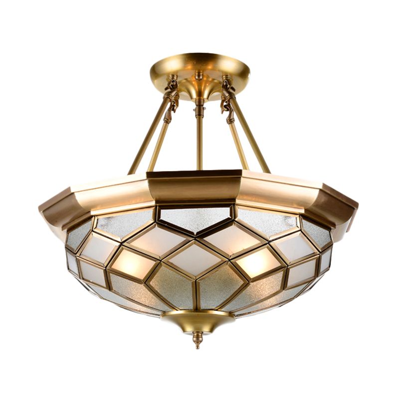 Colonial Dome Ceiling Light Fixture 4 Bulbs Seeded Glass Semi Mount Lighting in Brass for Dining Room