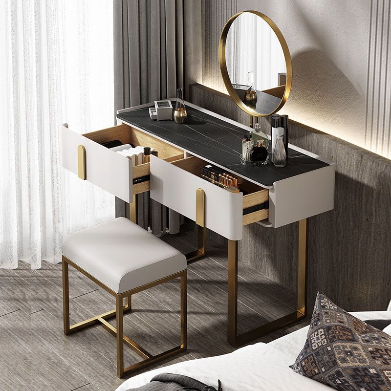 Contemporary Stone Top Vanity Desk 2-Drawer Dressing Table in White