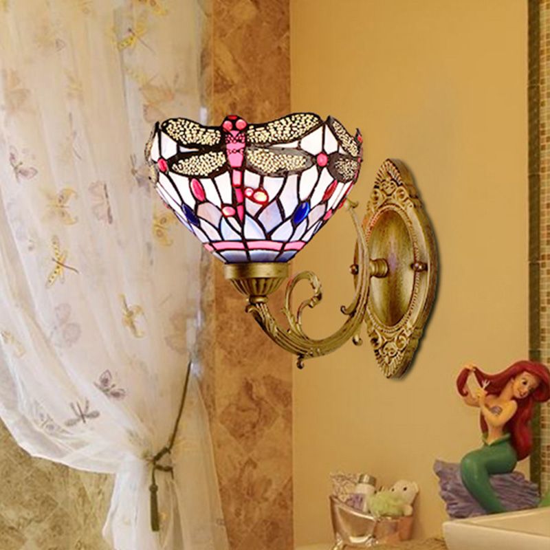 Brass Dragonfly Wall Mount Lamp Tiffany 1 Light Hand Cut Glass Sconce Light with Curving Arm