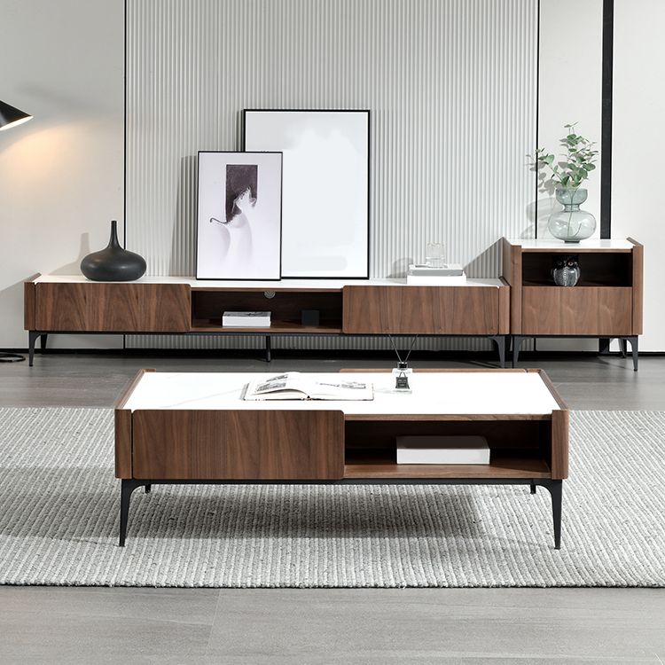 Rectangular Slate Top Coffee Table 4 Legs Cocktail Table with Storage