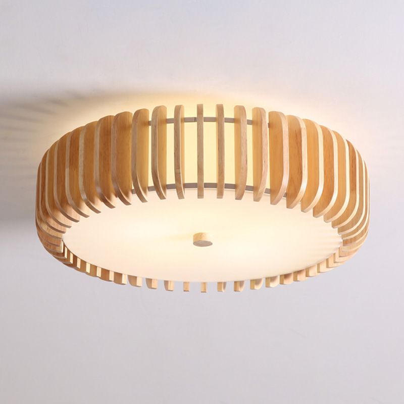 Wooden Flush Mount Ceiling Light Asian Style Living Room Round Shape Ceiling Mount Light