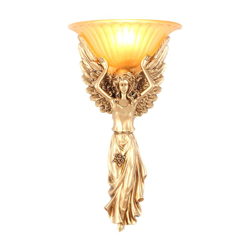 Upward Wall Sconce Frosted Glass Vintage Style Gold Resin Flared Wall Mounted Sconce with Angel Design