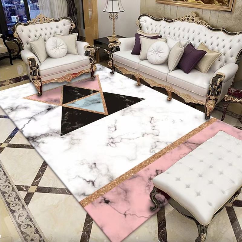 White Geometric Print Rug Polyester Simple Rug Washable Rug for Drawing Room