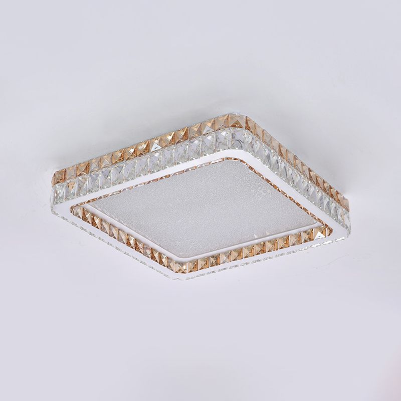 Minimalist Square Ceiling Flush Mount Clear and Gold Crystal Encrusted LED Flushmount Lighting in White