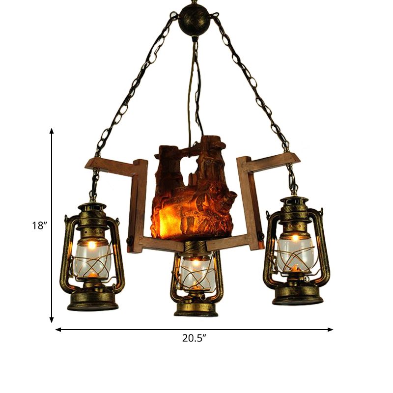 Loft Style Lantern Pendant Light 3 Lights Metal Aged Brass Chandelier for Restaurant