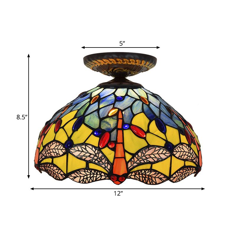 Lampe encastrée Tiffany Dragonfly, 1 ampoule, vitrail proche du plafond, luminaire en laiton