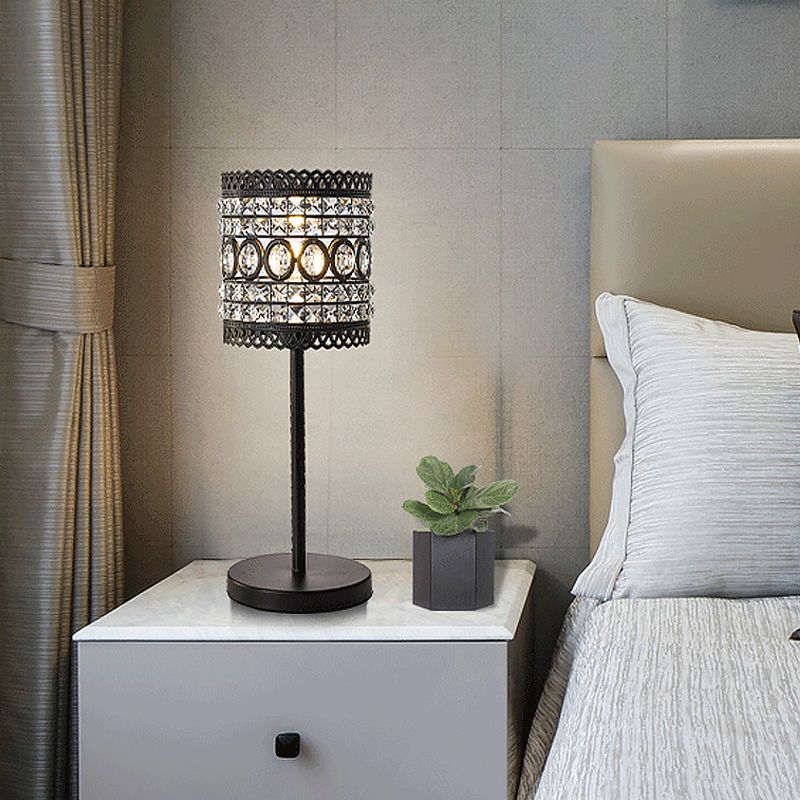 Cilinder Nachttafel Licht Modern Metallic 1-Hoofd bed nachtkastje Lamp met kristallen accent in zwart