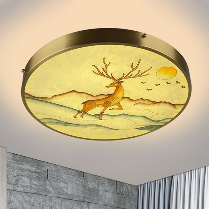 Hand-Paint Glass Round Flush Light Artistic Minimalist LED Ceiling Lighting for Bedroom