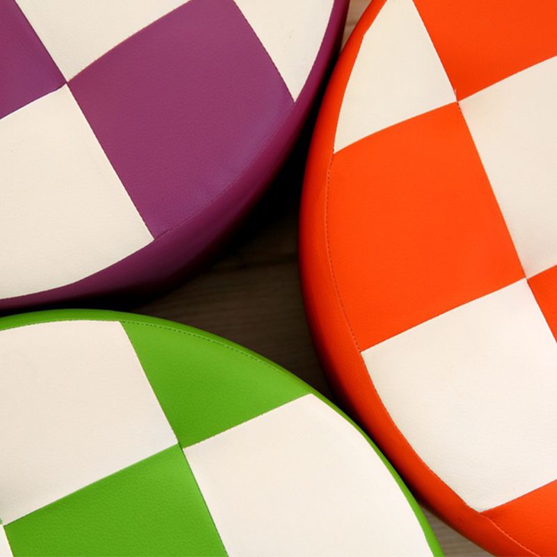 Ottoman Round Faux Leather Plaid Print Modern Tufted Tufted Ottoman