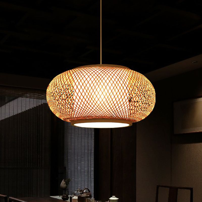 Cage Style Bamboo Pendant Ceiling Light Chinese 1 Bulb Beige Hanging Light for Tearoom