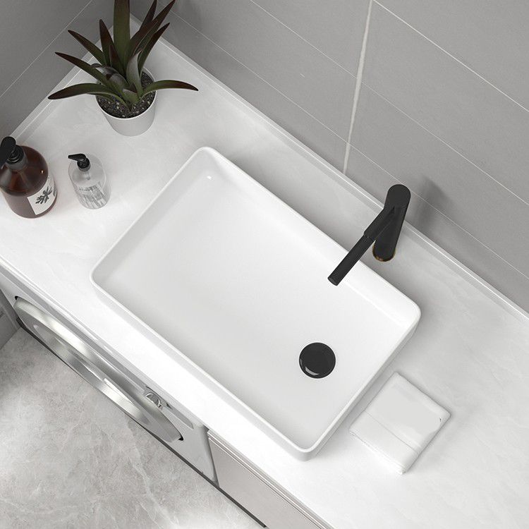 Contemporary Bathroom Sink Pop-Up Drain Porcelain Rectangular Vessel Sink