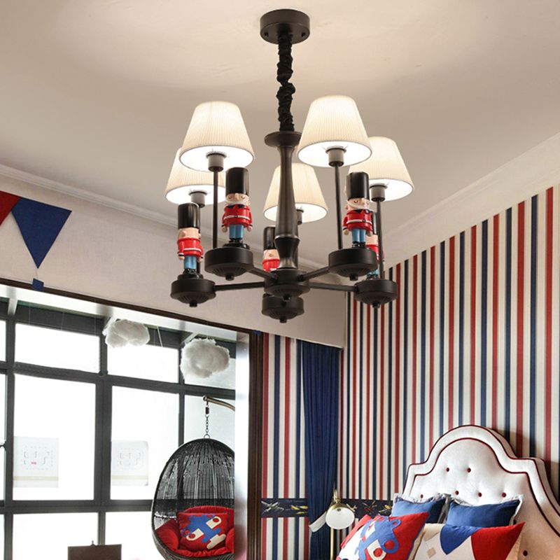 Black Tapered Ceiling Lighting Kids Style Pleated Fabric Chandelier Light Fixture with Soldier Decor