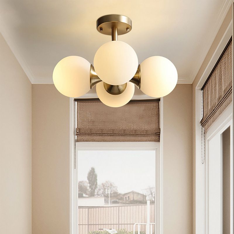 Gold Ball Semi Flush Light Contemporary 4 Heads Milky Glass Close to Ceiling Lamp