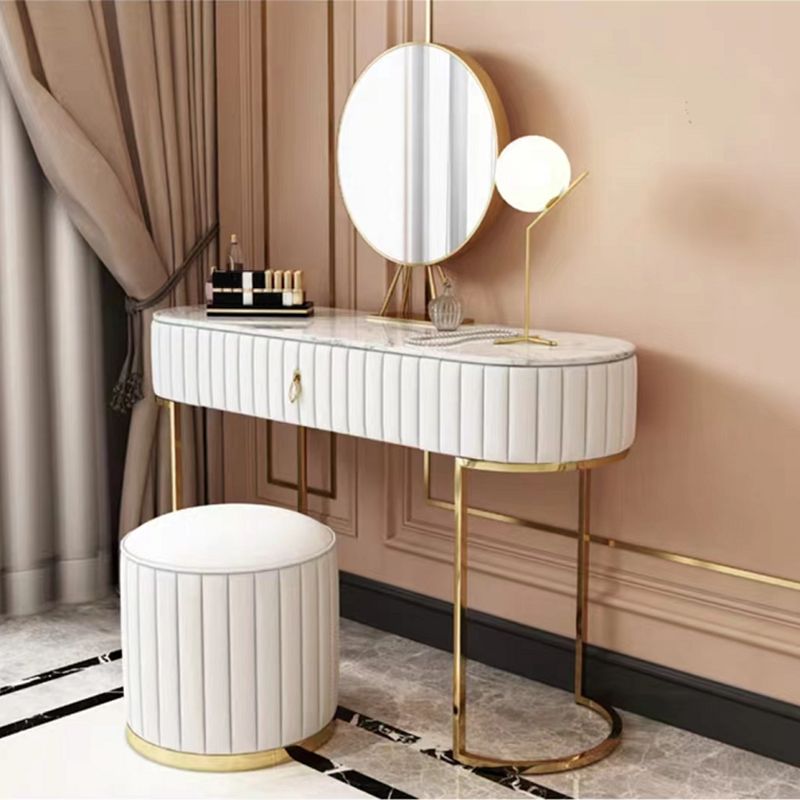 1-Drawer Makeup Vanity Table with Mirror & Stool Luxurious Stone/Leather Dresser